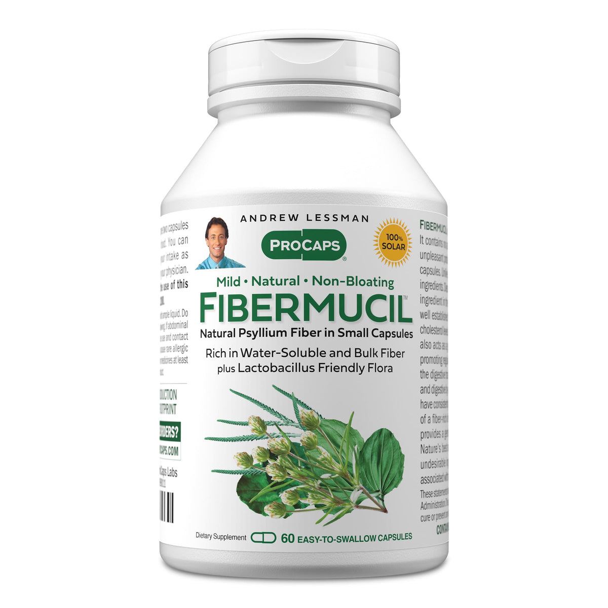 ANDREW LESSMAN envase frontal de Fibermucil mostrando pureza y dosis
