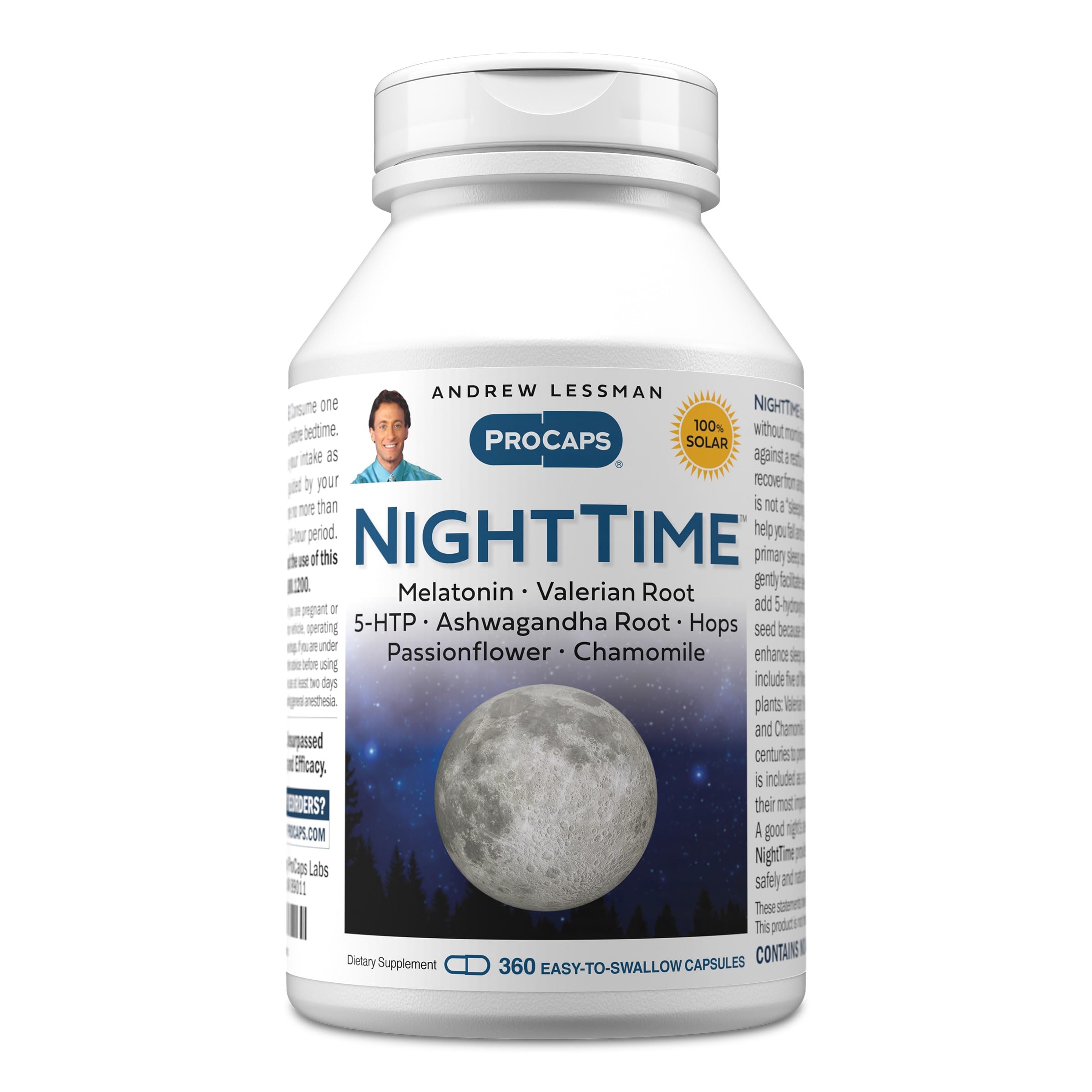 ANDREW LESSMAN frasco Night Time mostrando el frente y beneficios de sueño