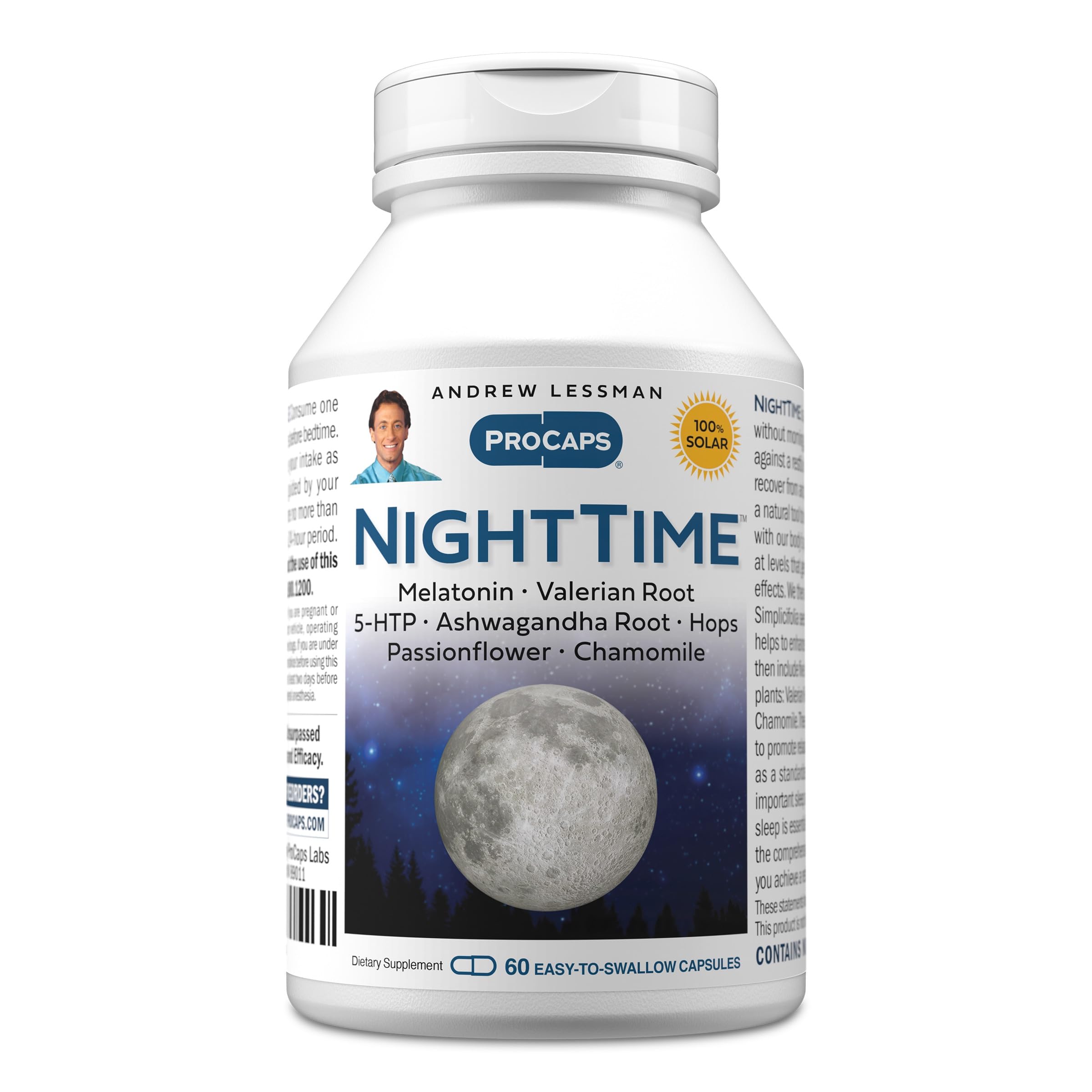 ANDREW LESSMAN frasco frontal mostrando 60 cápsulas y beneficios para dormir