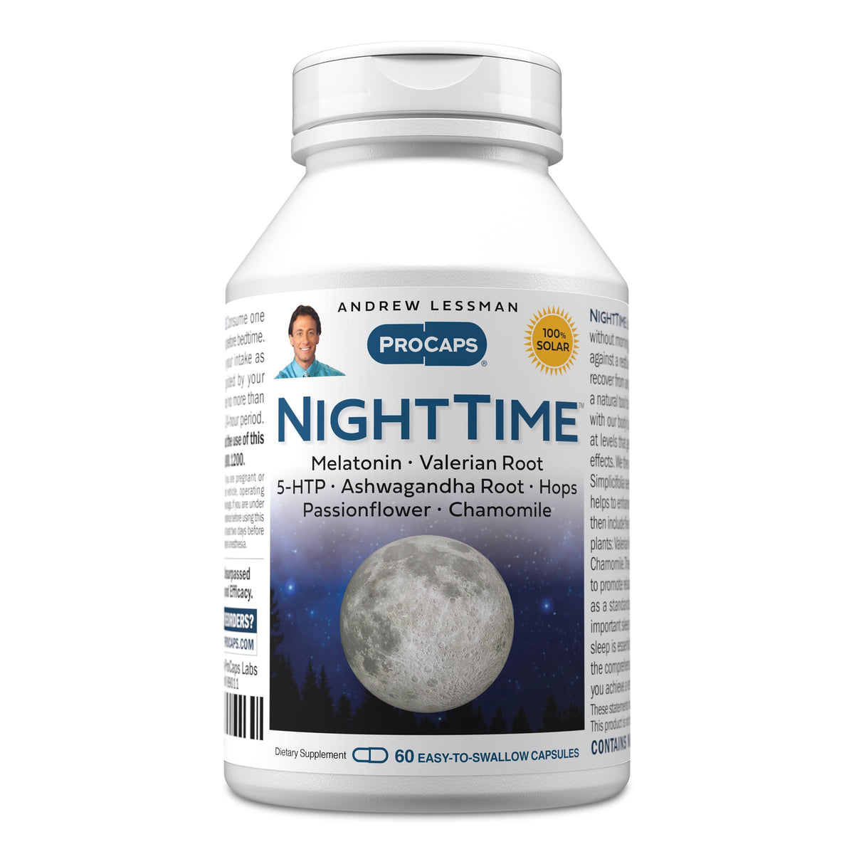 ANDREW LESSMAN frasco frontal mostrando 60 cápsulas y beneficios para dormir