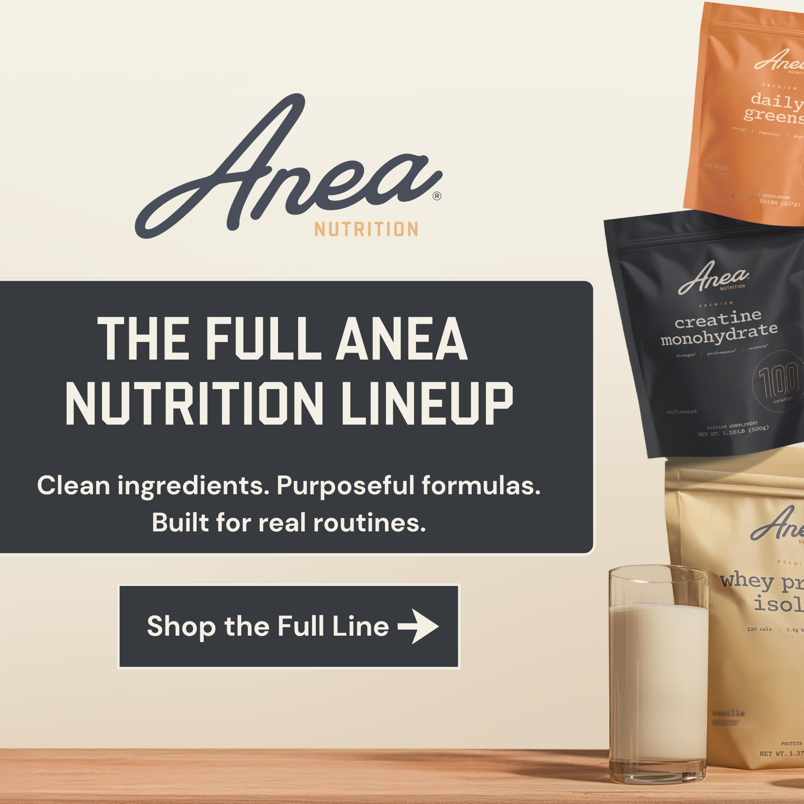 Anea Nutrition comparación de tamaño del envase muestra 20 porciones prácticas