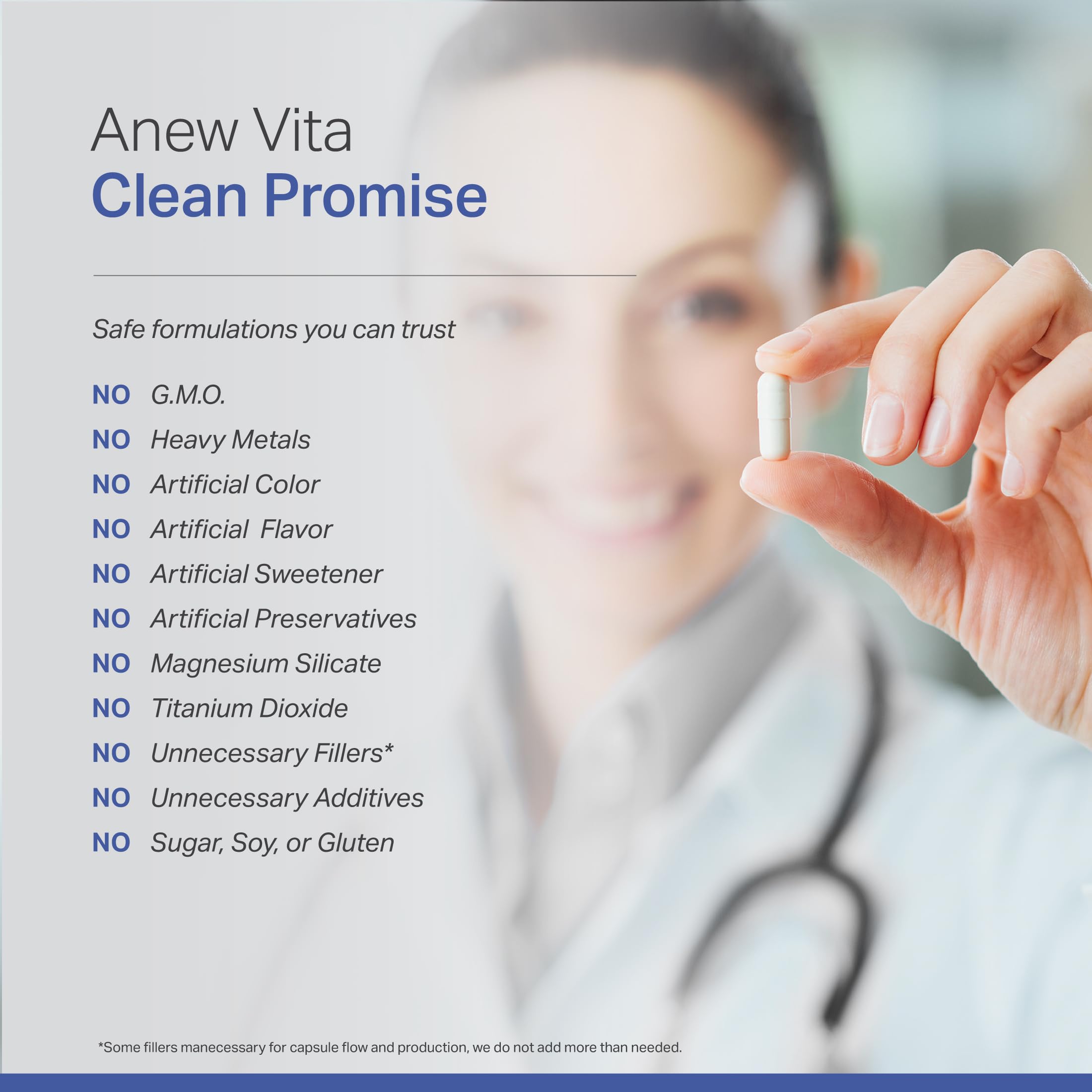 Anew Vita producto en mesa junto a alimentos saludables, apoyo nutricional