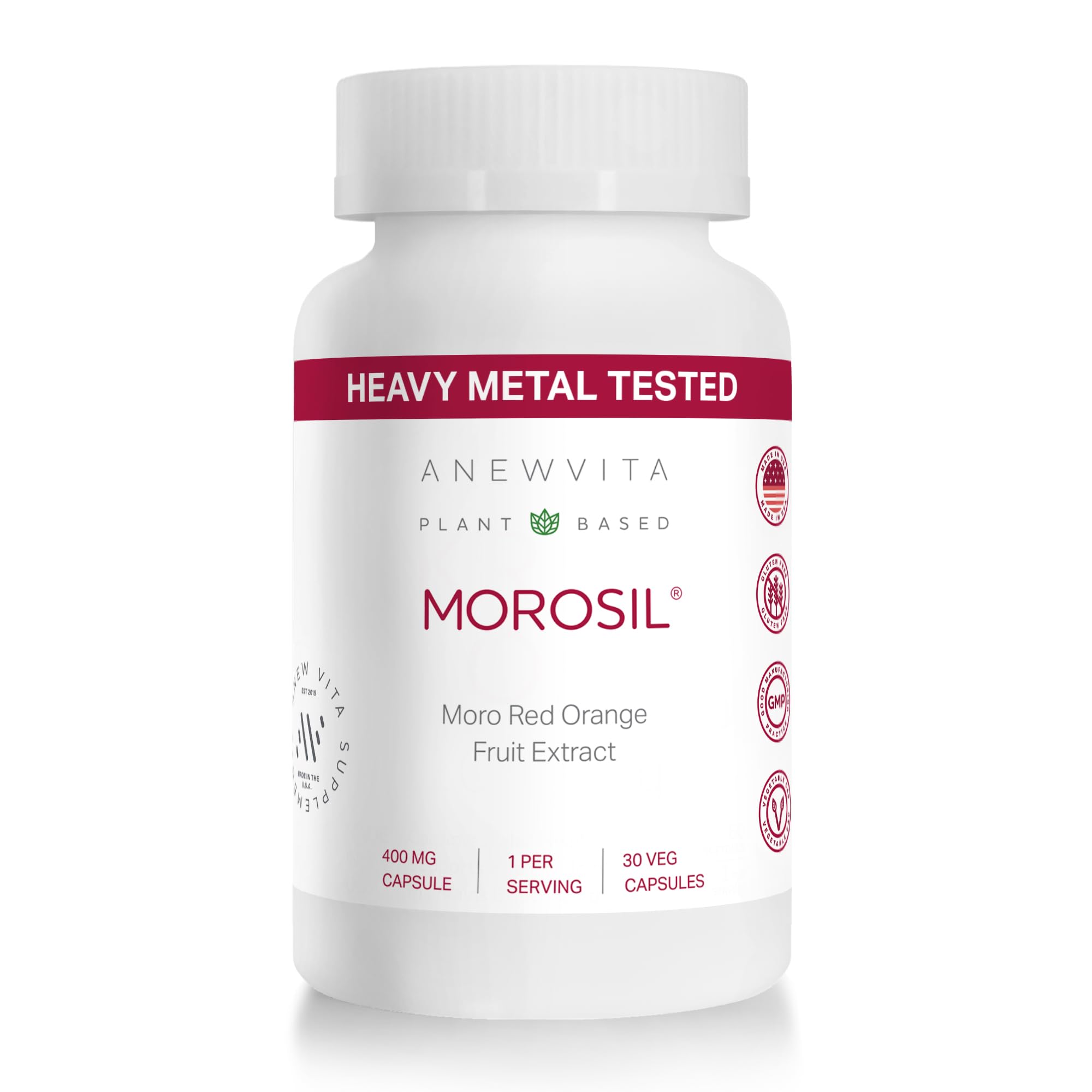 Anew Vita Morosil frasco frontal mostrando la presentación y beneficios prácticos
