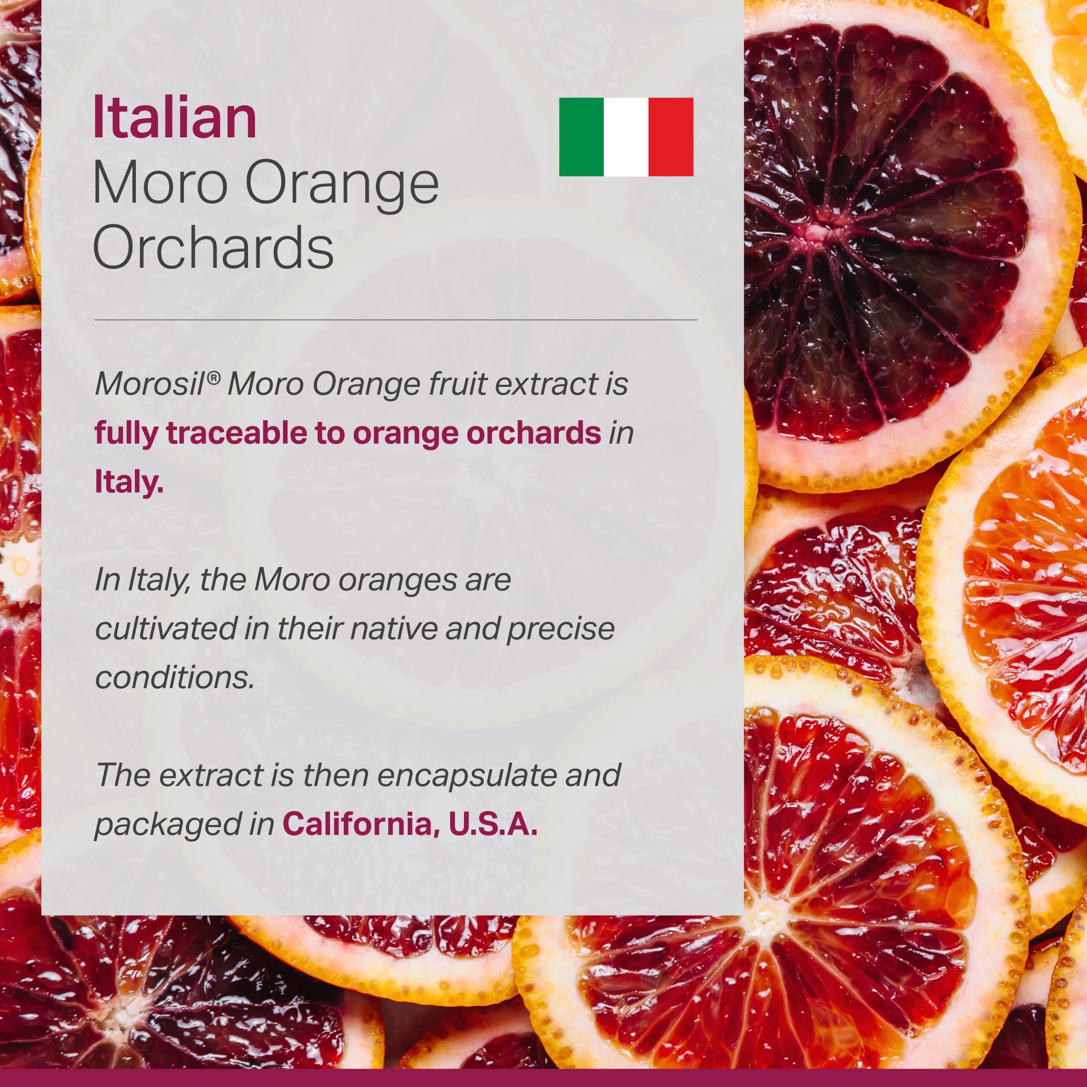 Anew Vita Morosil con naranjas rojas italianas indicando origen y calidad