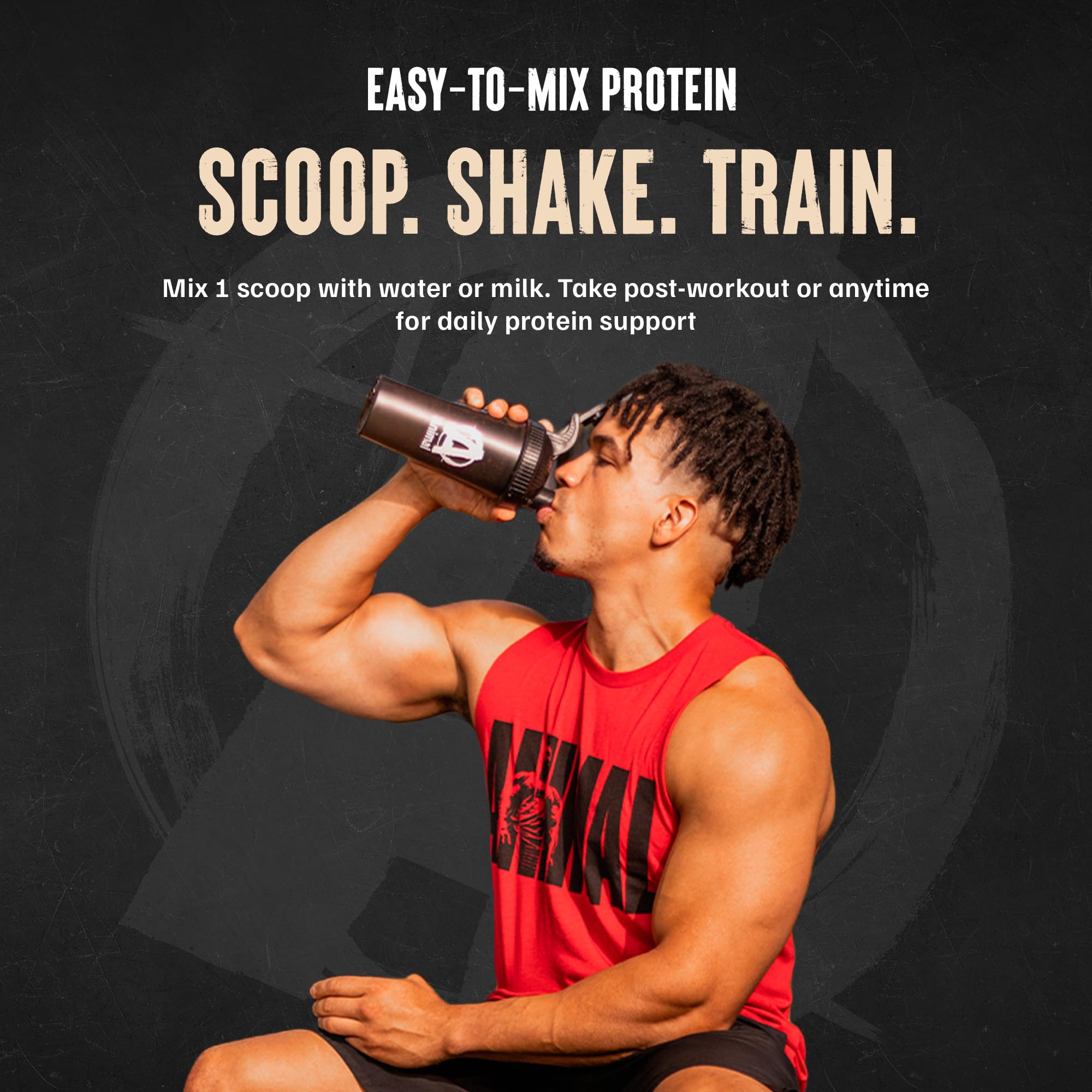 Vaso con batido preparado de Animal 100% Whey mostrando resultado cremoso y saciante