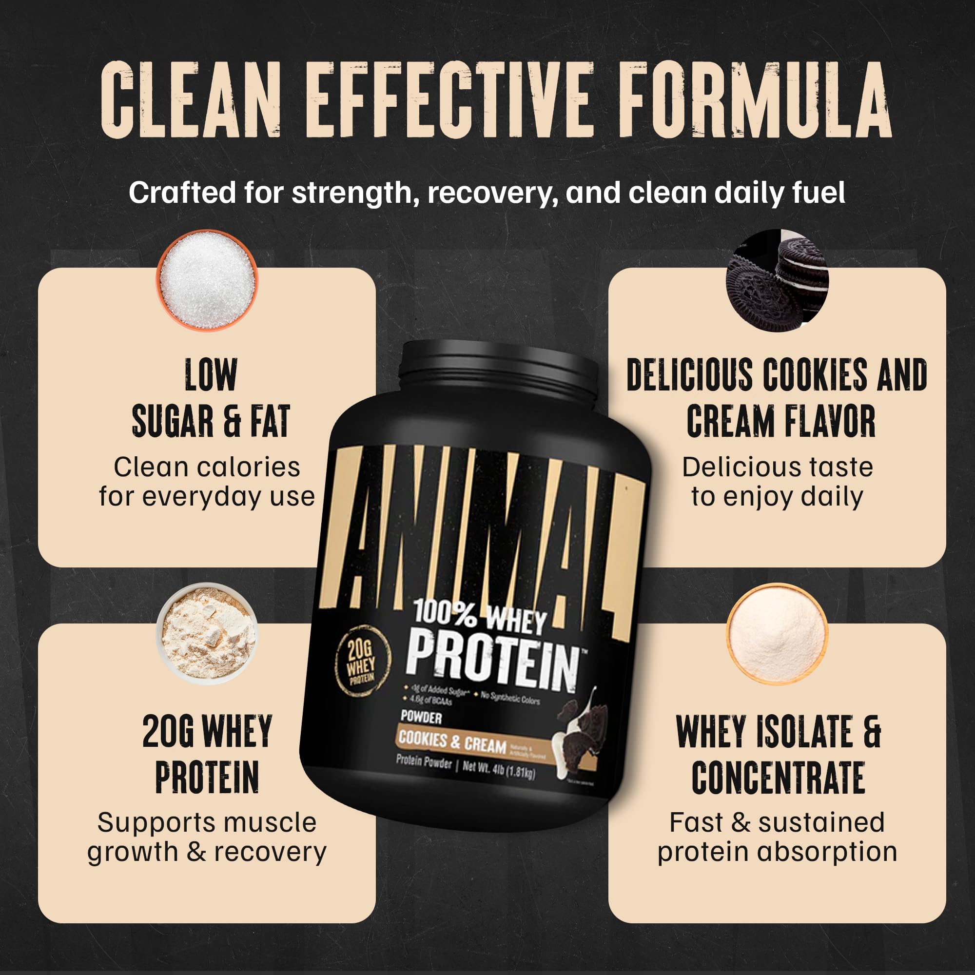 Etiqueta nutricional de Animal 100% Whey destacando 4,6 g de BCAA y baja azúcar