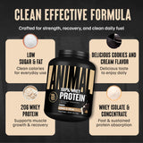 Etiqueta nutricional de Animal 100% Whey destacando 4,6 g de BCAA y baja azúcar