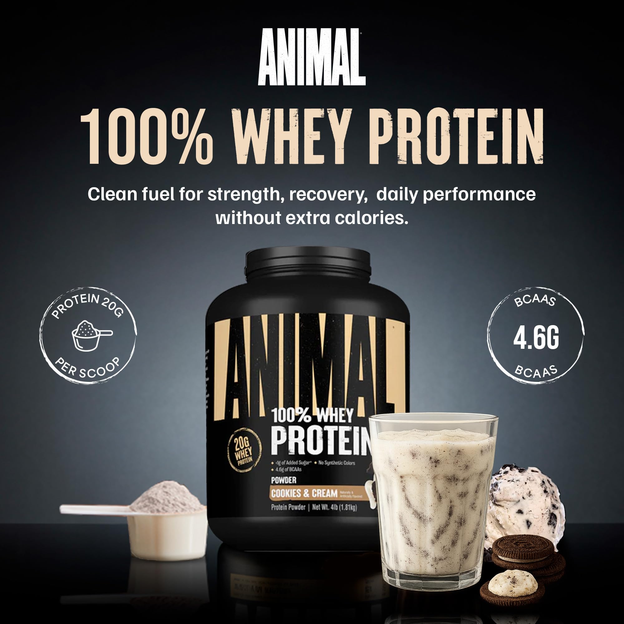 Close-up del polvo Animal 100% Whey resaltando textura cremosay fácil mezcla