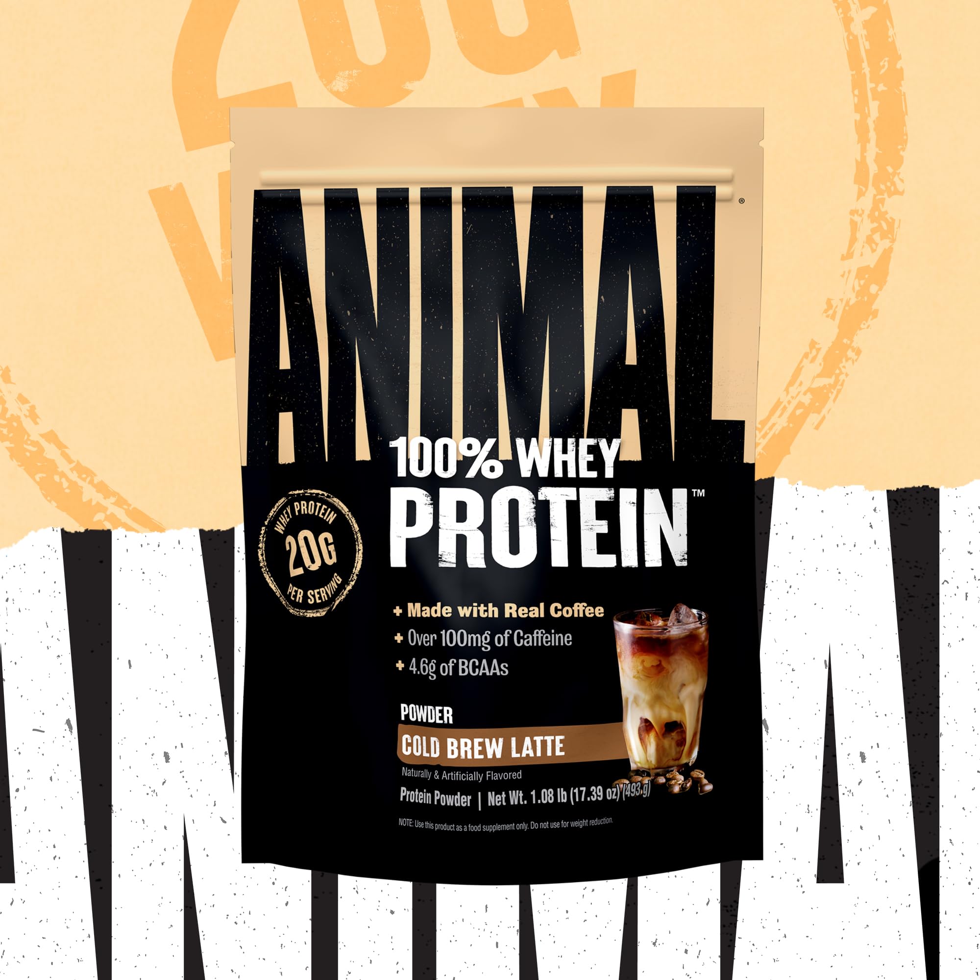 Animal etiqueta nutricional en detalle mostrando proteína, BCAA y cafeína