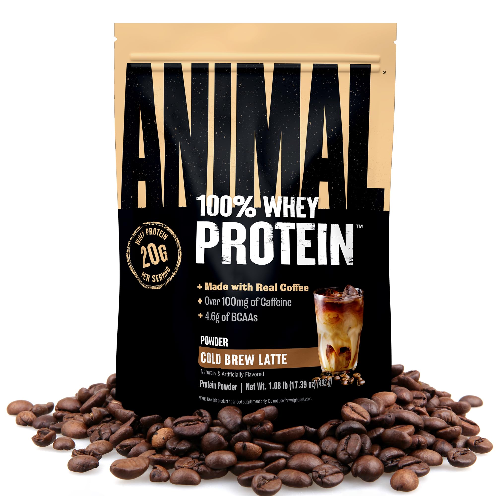 Animal frente del empaque mostrando sabor cold brew latte y tamaño 1 lb