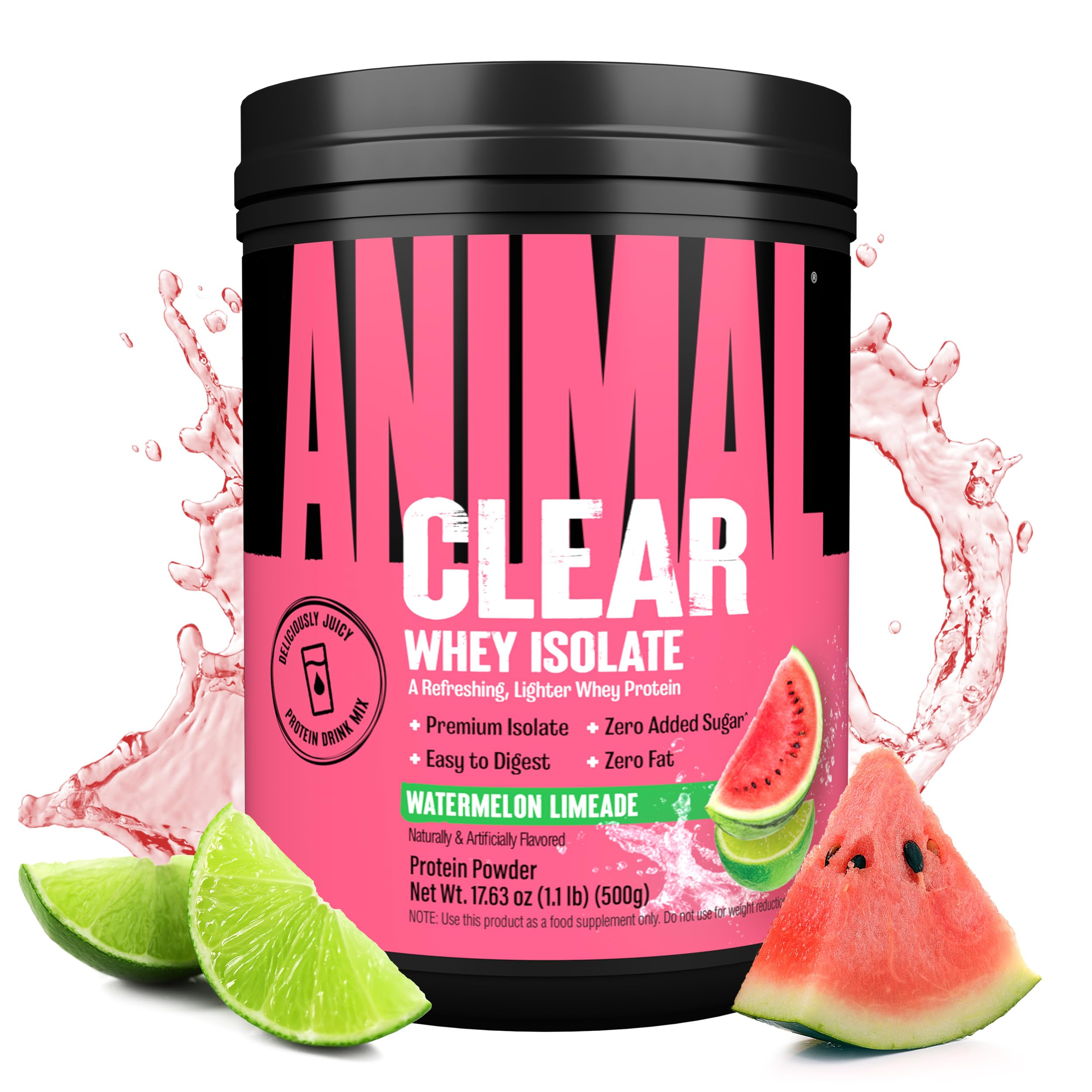 Animal Clear Whey frente del empaque mostrando etiqueta y sabor refrescante