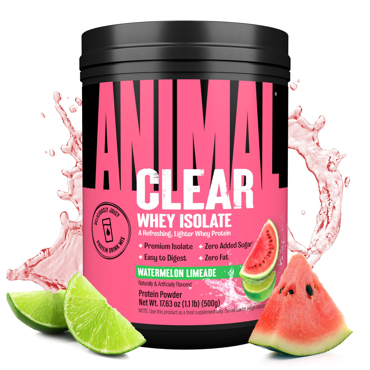 Animal Clear Whey frente del empaque mostrando etiqueta y sabor refrescante