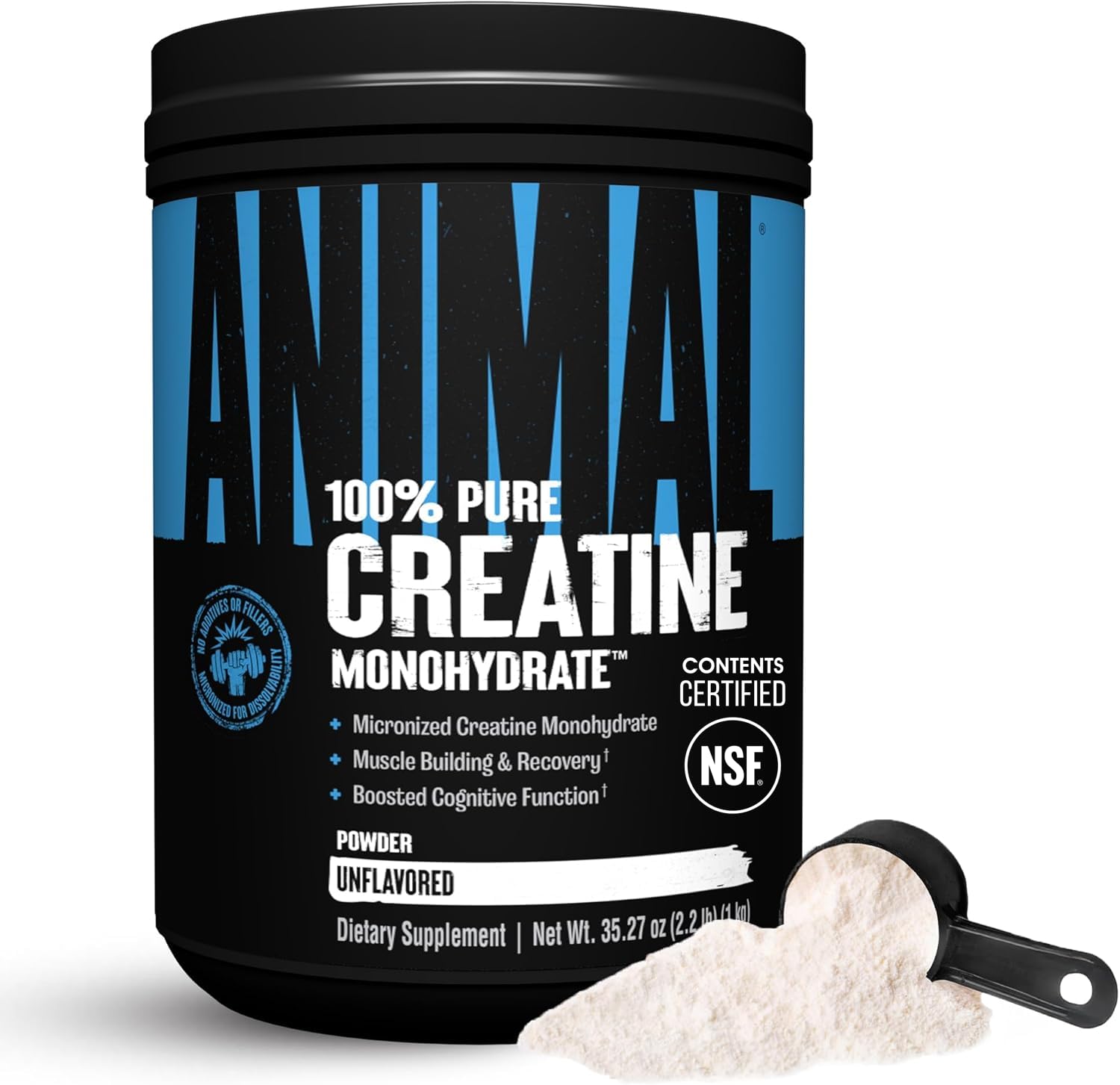 Animal creatina: envase frontal de 1 kg mostrando diseño y tamaño como beneficio de confianza