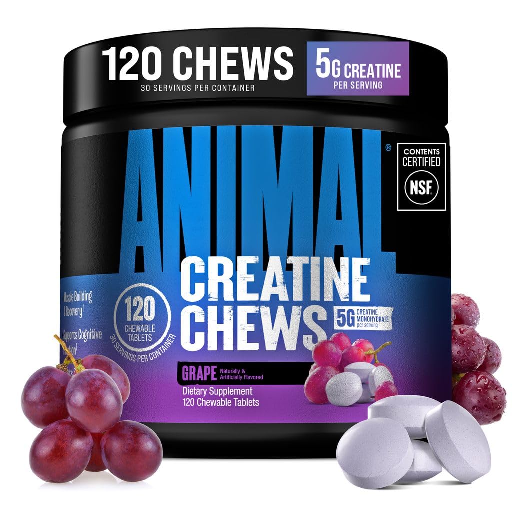 Animal envase frontal de Creatine Chews mostrando conveniencia y dosis consistente