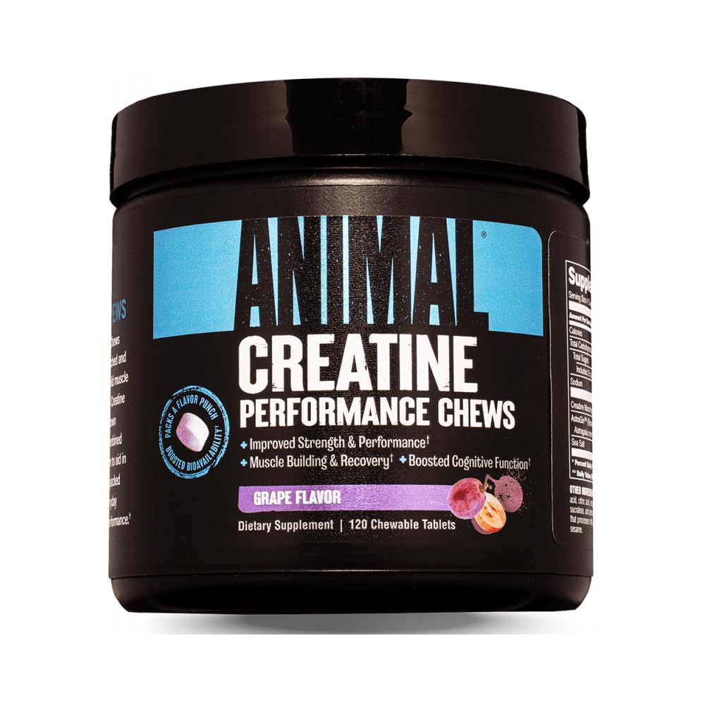 Etiqueta Animal con lista de ingredientes y 5 g de creatina por porción visible