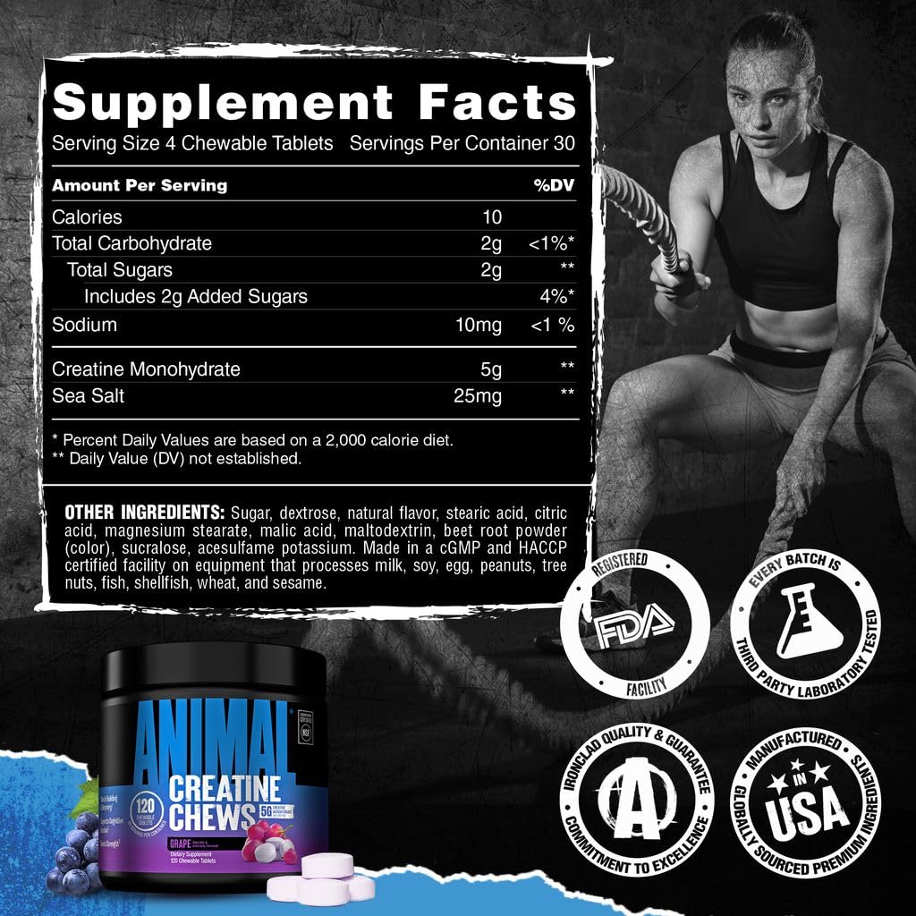 Atleta tomando Animal Creatine Chews antes del entrenamiento para conveniencia