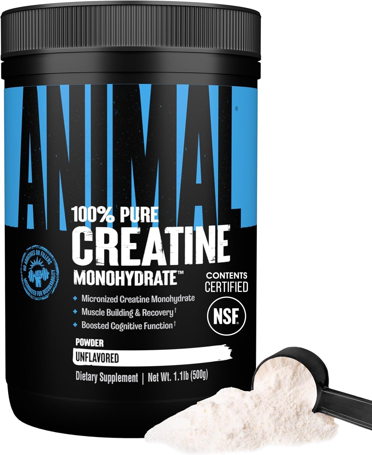 Animal creatine frente del envase mostrando pureza y confianza