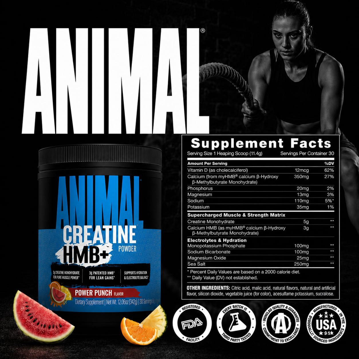 Animal pote junto a fruta y botella para ilustrar nutrición equilibrada