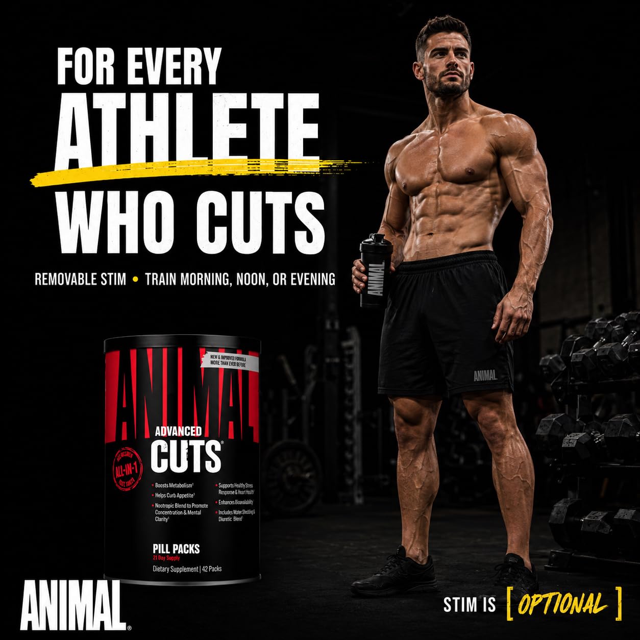 Animal Cuts escenario lifestyle mostrando físico definido y apariencia seca