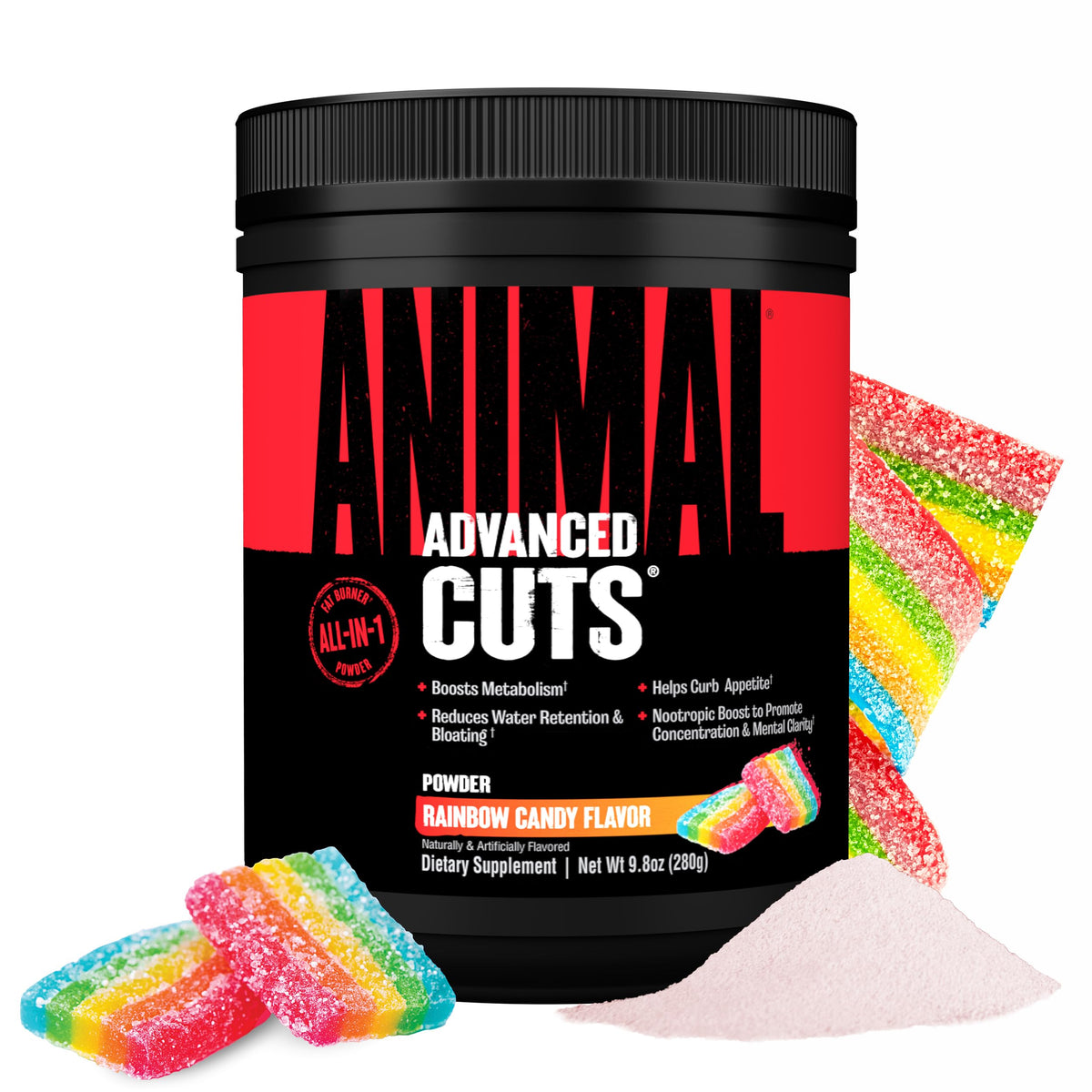 Animal envase frontal Rainbow Candy mostrando etiqueta y beneficios visibles