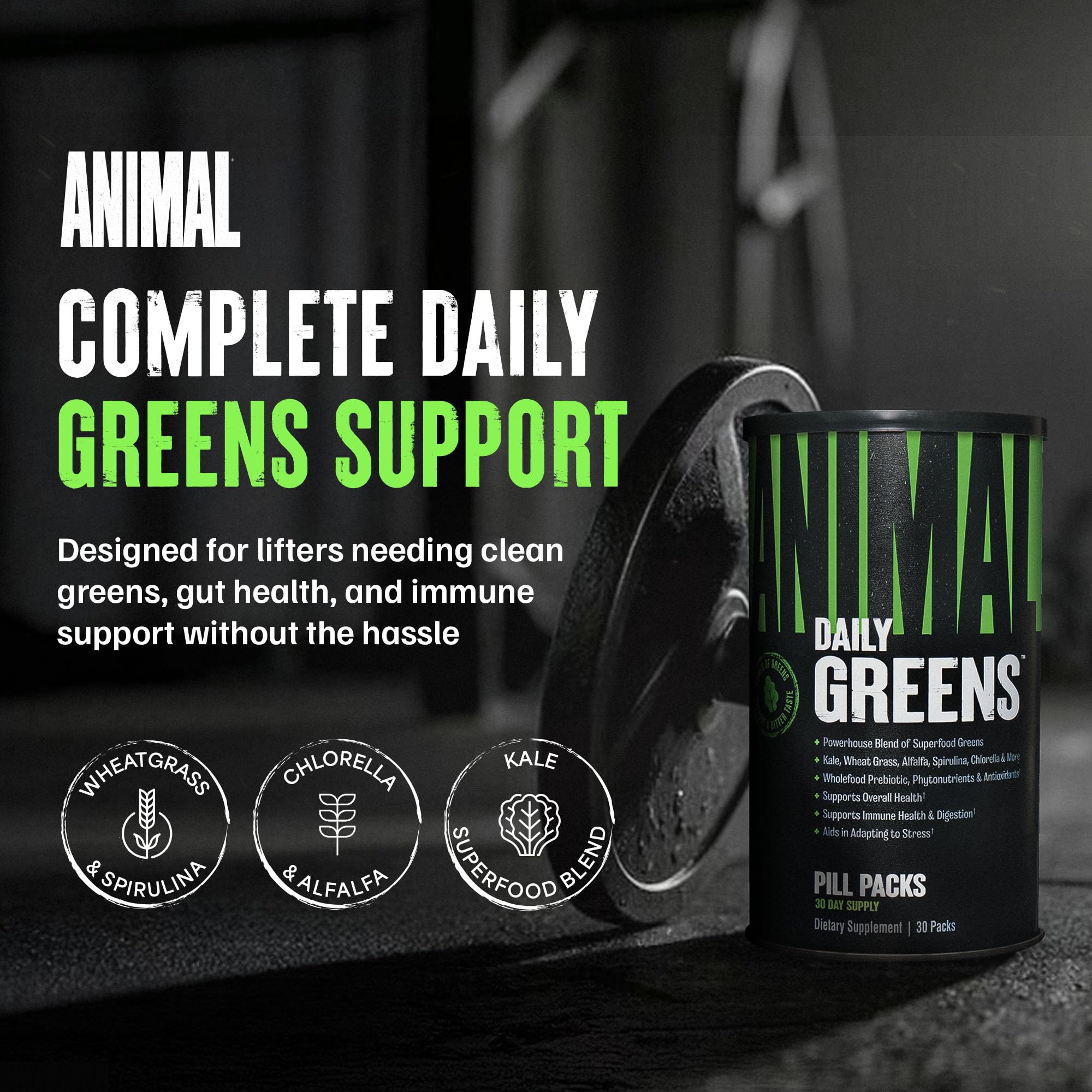 Animal Daily Greens sobre abierto con cápsulas listo para llevar