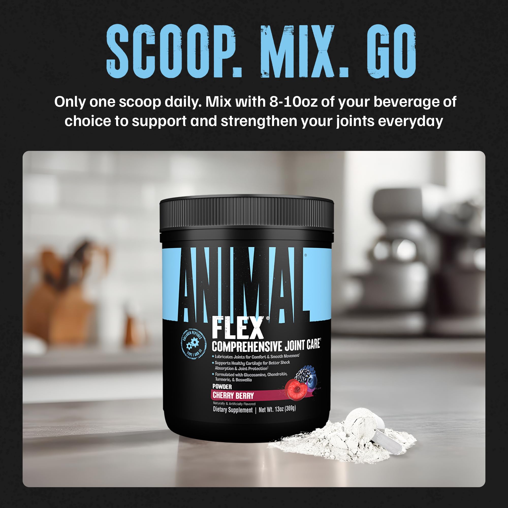 Animal Flex mezclado en vaso mostrando fácil disolución y consumo diario