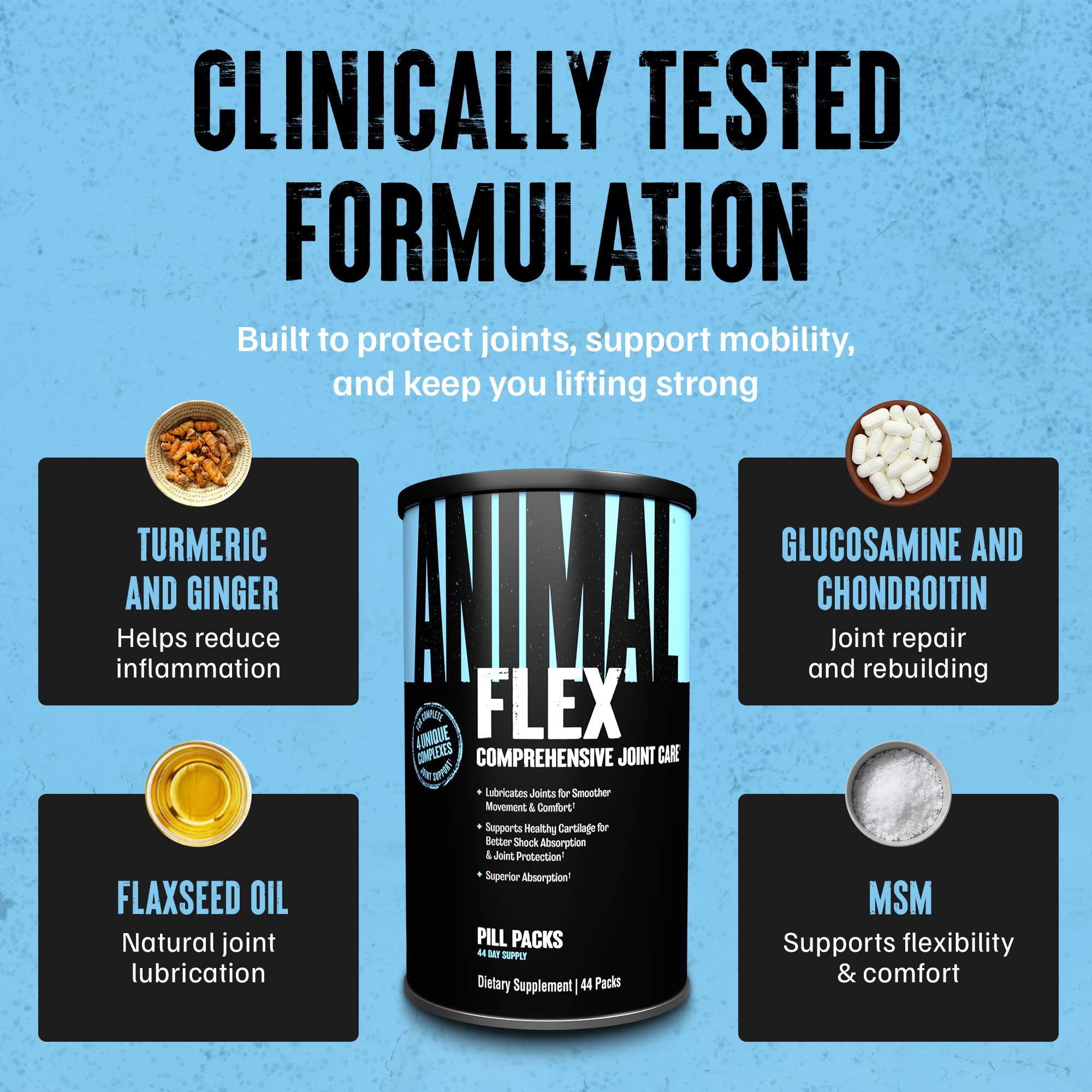 Animal Flex ingredientes en primer plano mostrando cúrcuma, jengibre y MSM