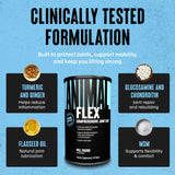 Animal Flex ingredientes en primer plano mostrando cúrcuma, jengibre y MSM