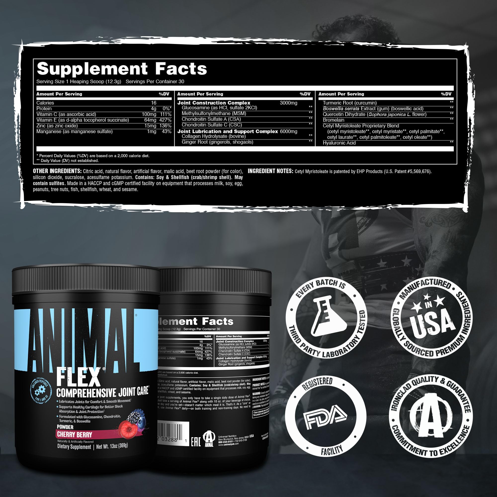 Cerca de ingredientes clave Animal Flex resaltando glucosamina y colágeno beneficiosos