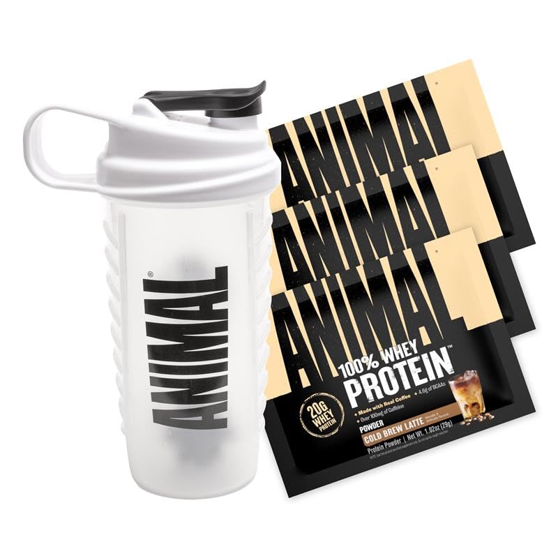 Animal frente del paquete con sobres y shaker mostrando conveniencia portable