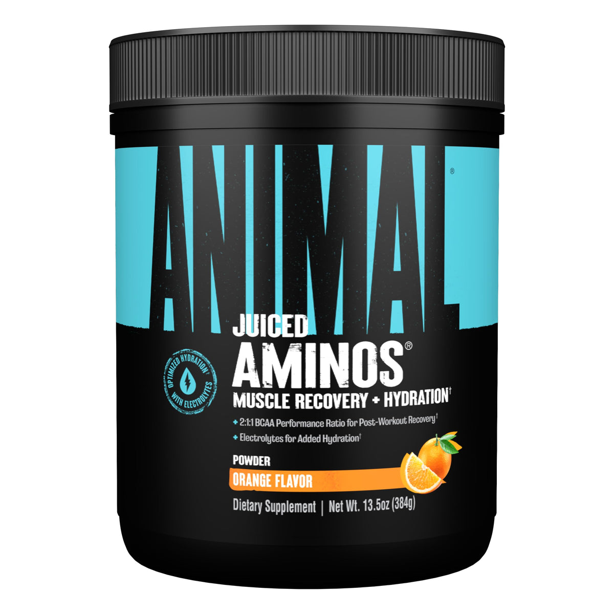 Animal Juiced Aminos frente del envase mostrando sabor naranja y beneficio de recuperación