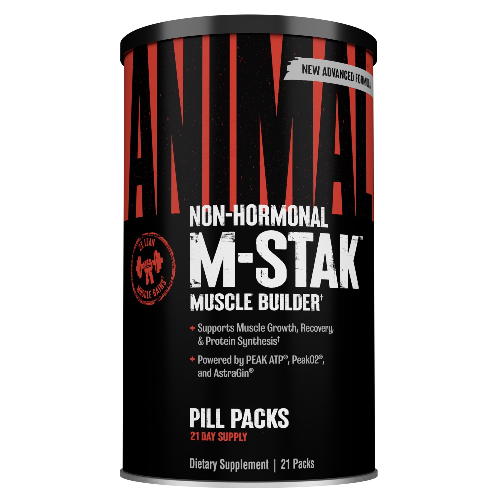 Animal M-Stak frente del empaque mostrando 21 packs, fácil transporte