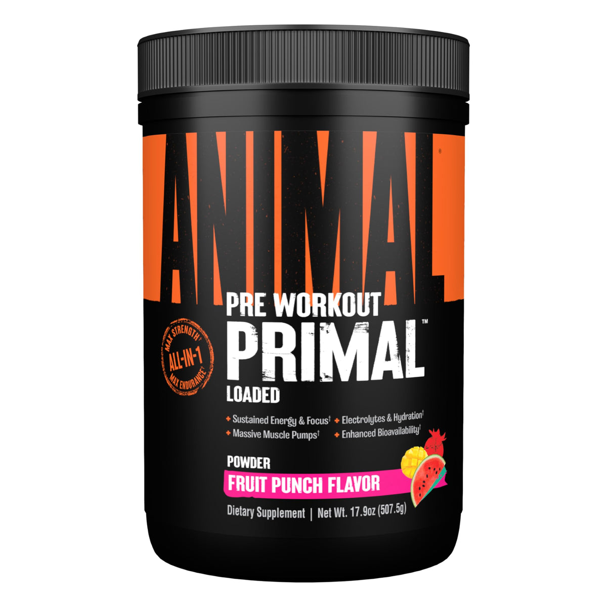 Animal Primal envase frontal mostrando etiqueta y sabor Fruit Punch, beneficio energía
