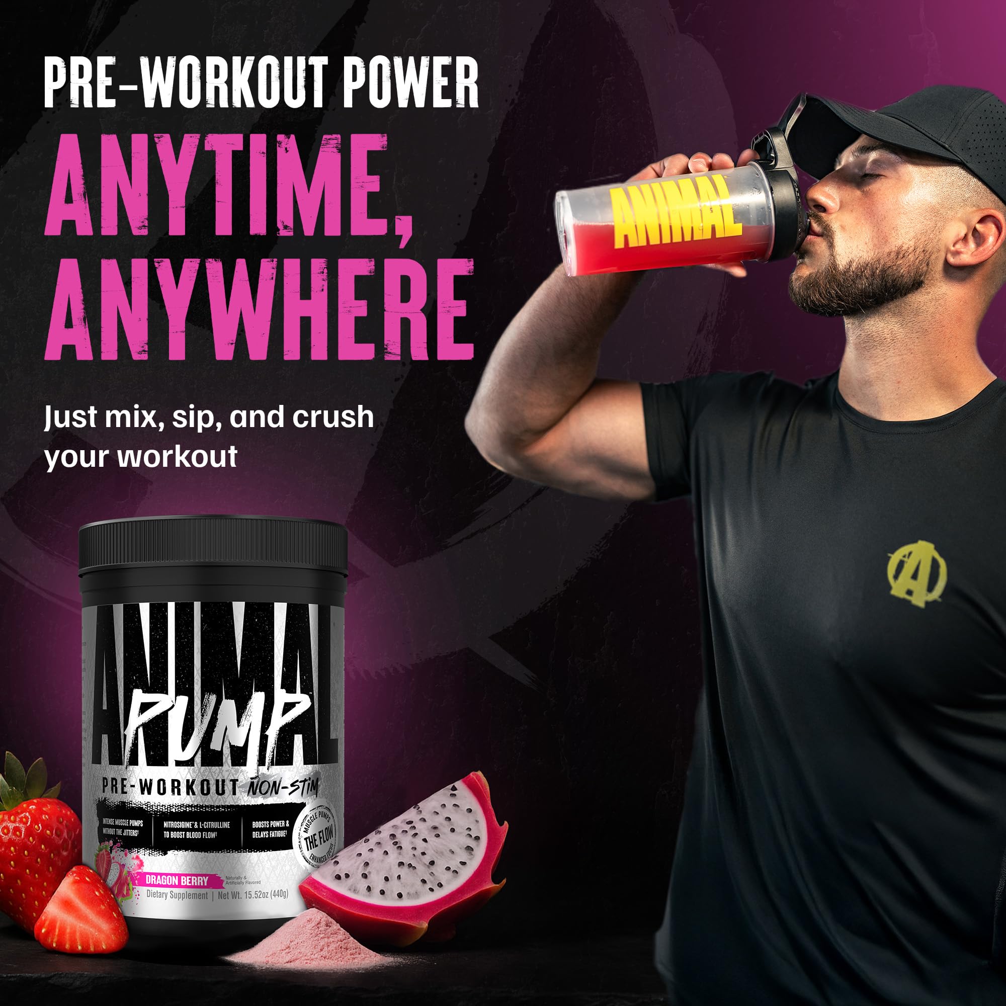 Vaso con Animal Pump NS mezclado, bebida lista para entrenar y mejorar resistencia