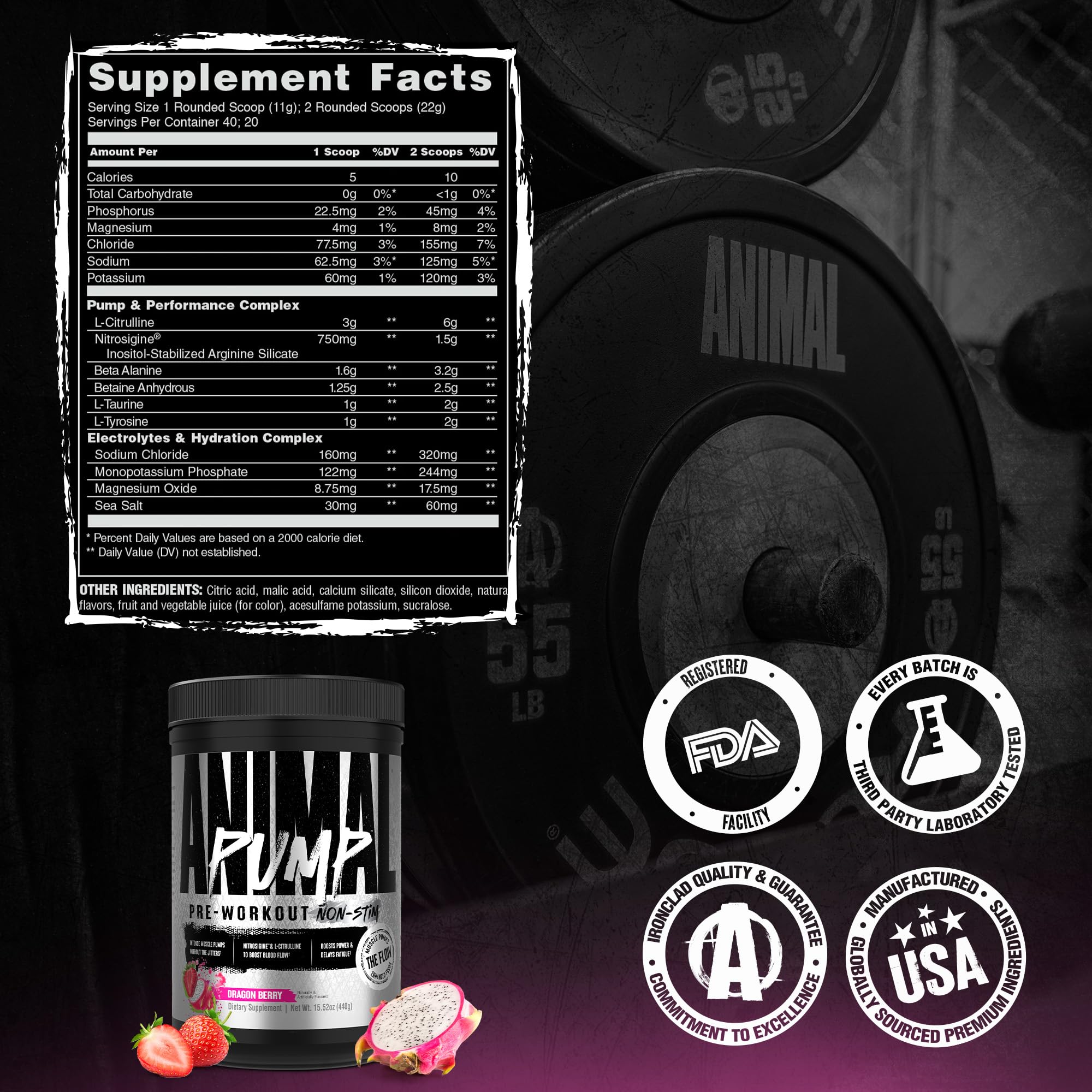 Sabor Dragon Berry de Animal Pump NS con listados de ingredientes y atractivo visual