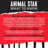 Animal Stak etiqueta con lista de ingredientes y calidad de fabricación certificada