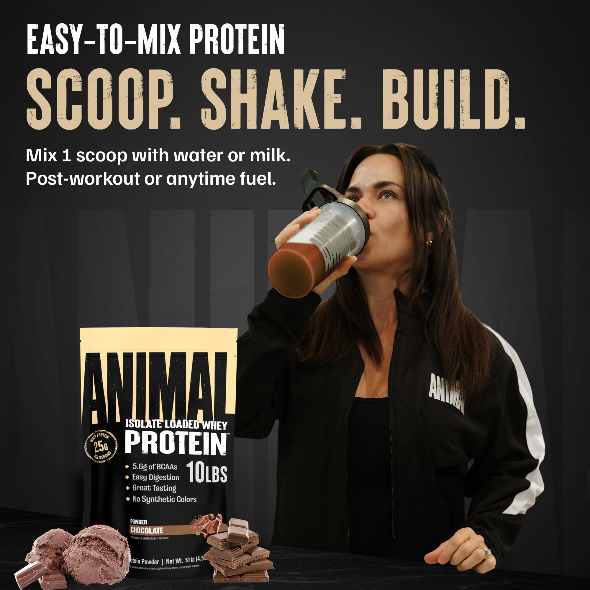 Animal Whey cucharada medidora con polvo, marca y dosificación precisa