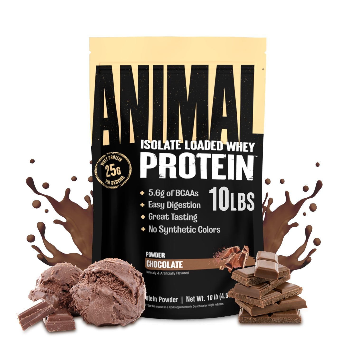 Animal Whey vista frontal del envase chocolate, muestra conveniencia