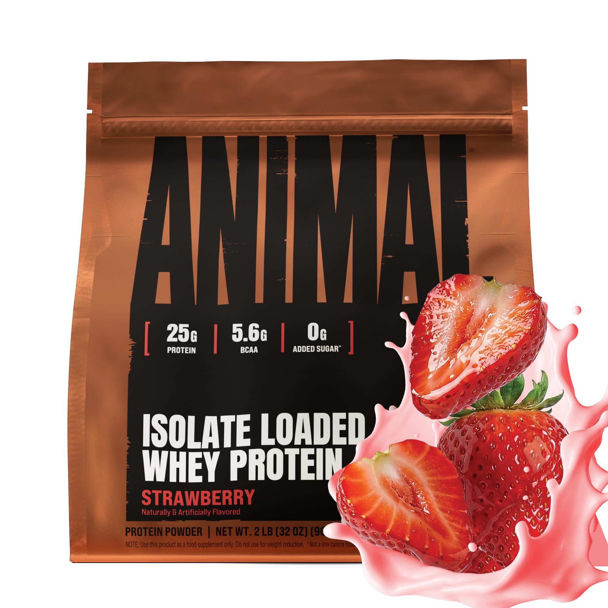 Animal Whey isolate vista frontal del envase mostrando sabor fresa y beneficio de 25 g proteína