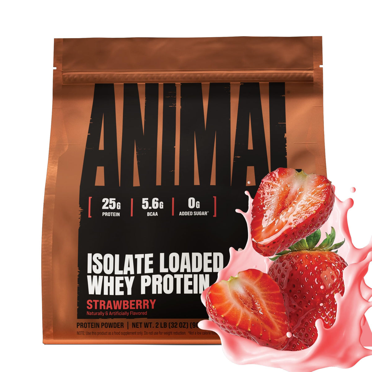 Animal Whey isolate vista frontal del envase mostrando sabor fresa y beneficio de 25 g proteína