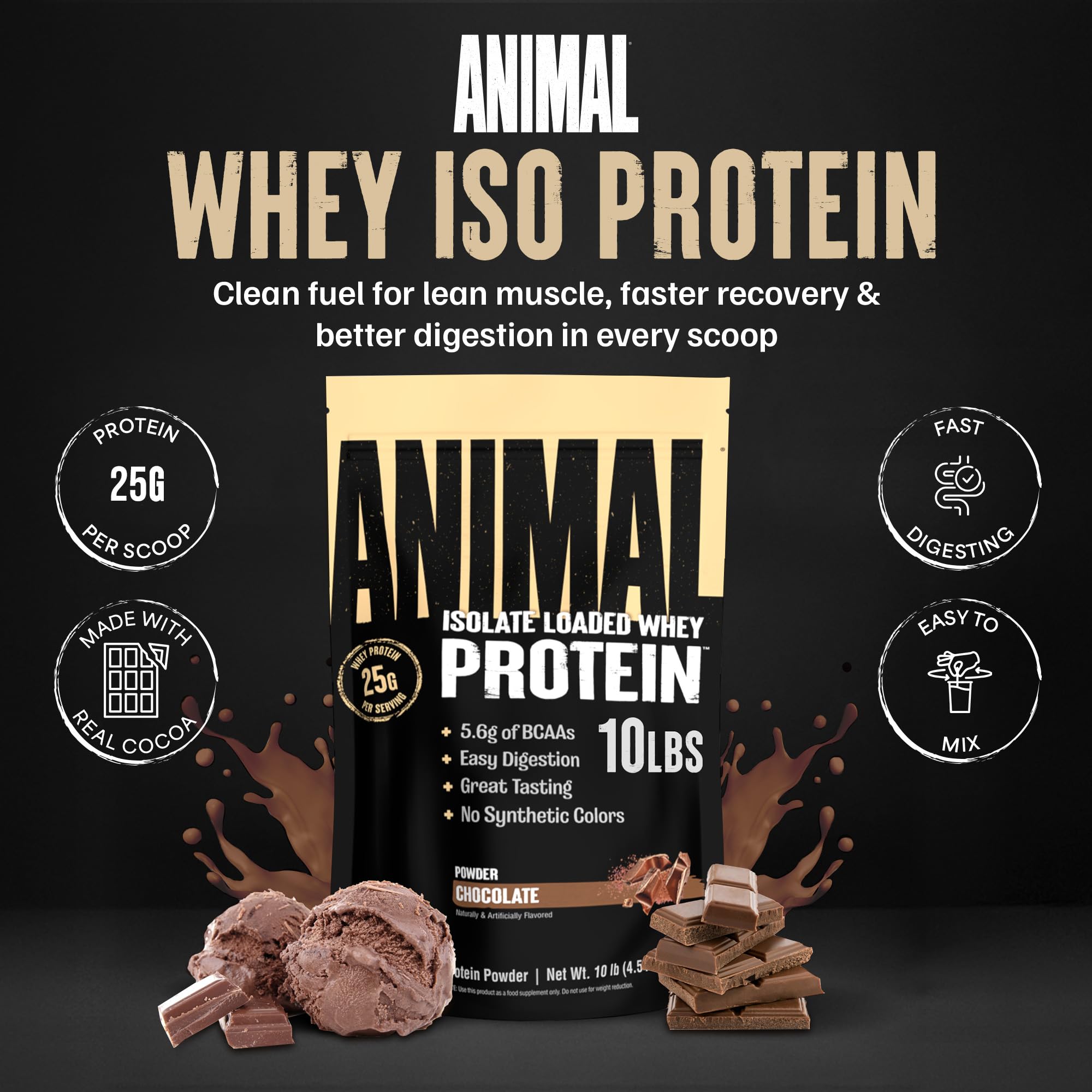 Animal Whey primer plano del polvo, textura fina y fácil mezcla