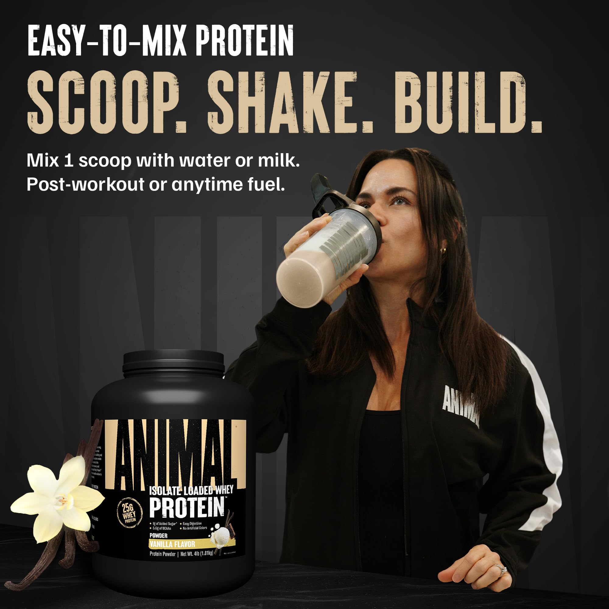 Vaso con batido de Animal Whey sabor vainilla, bebida cremosa para recuperación