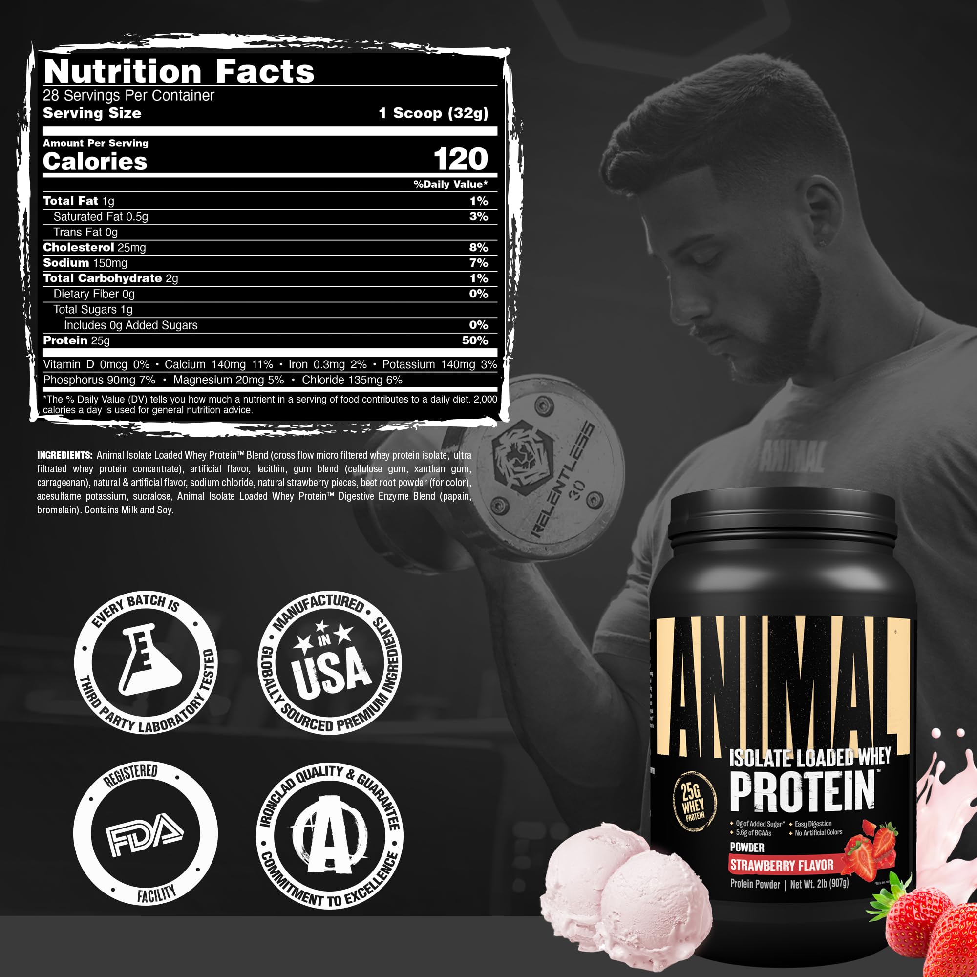 Animal Whey isolate comparación de tamaño del envase para calcular porciones y duración