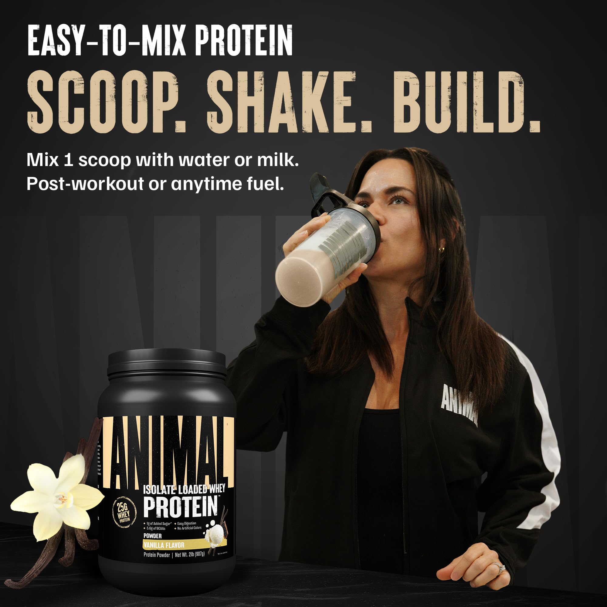 cucharada de Animal whey isolate mostrando la porción precisa para 25 g de proteína