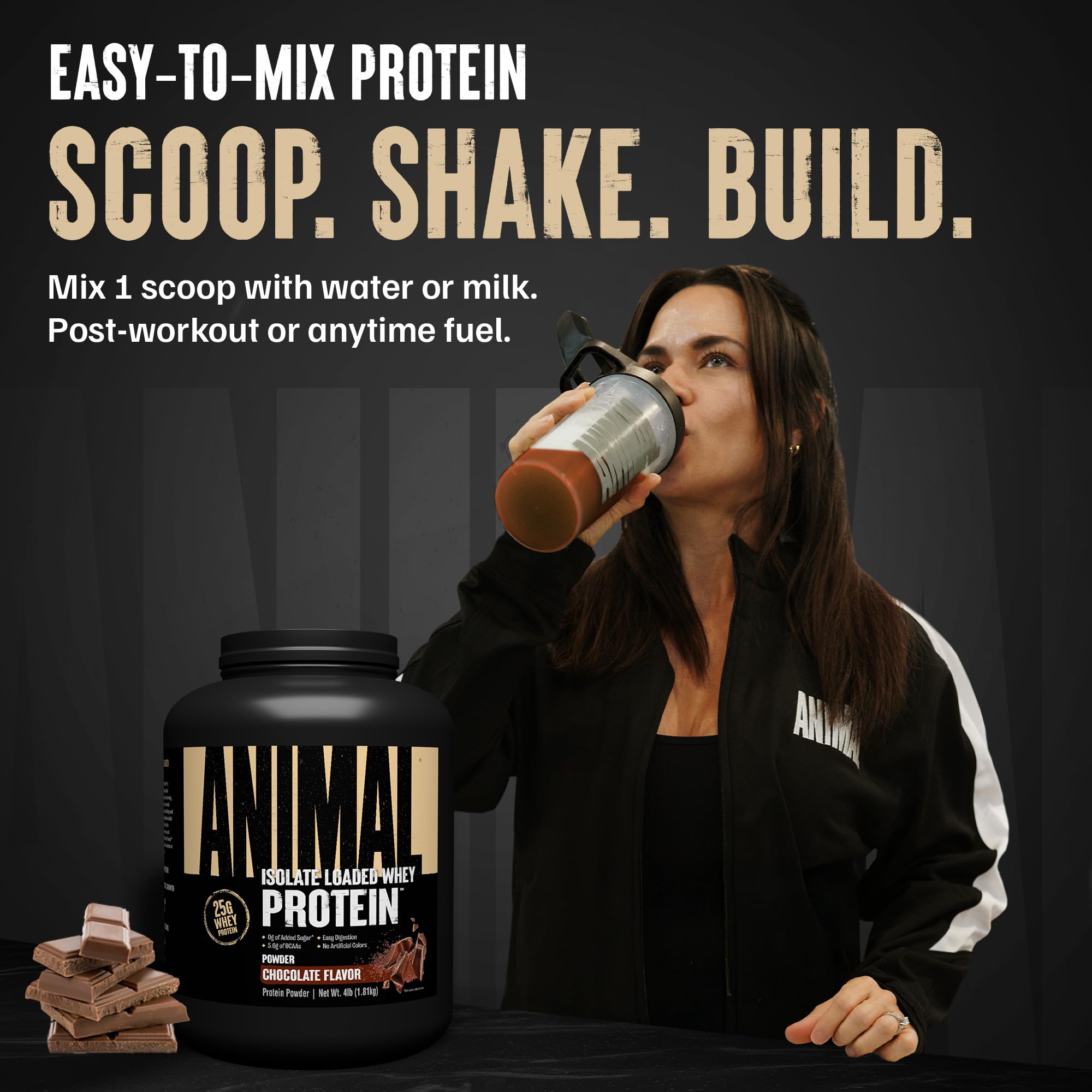 Animal whey isolate cucharada medidora con 25 g de proteína visible