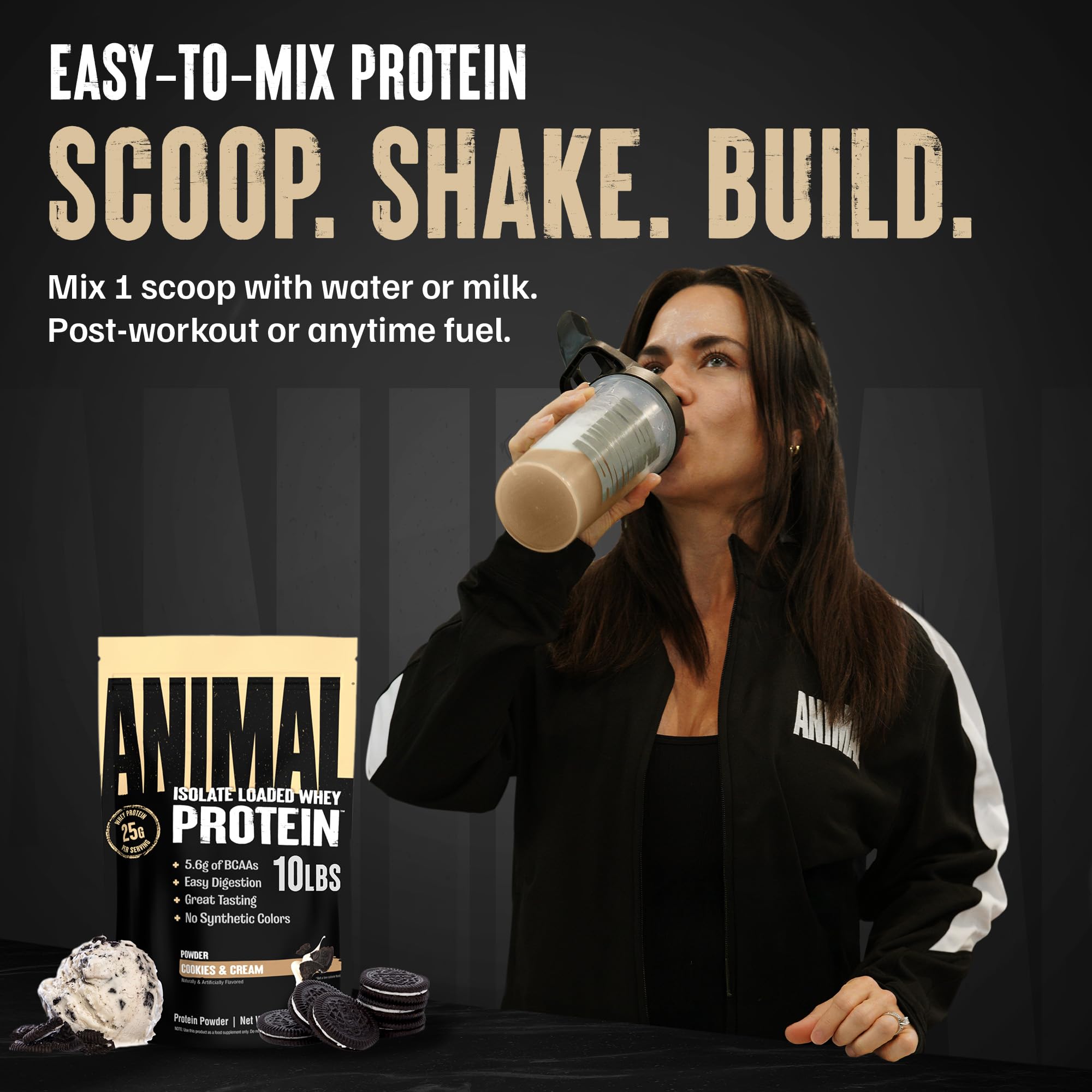 cucharada con Animal Whey Isolate mostrando porción de 25 g de proteína