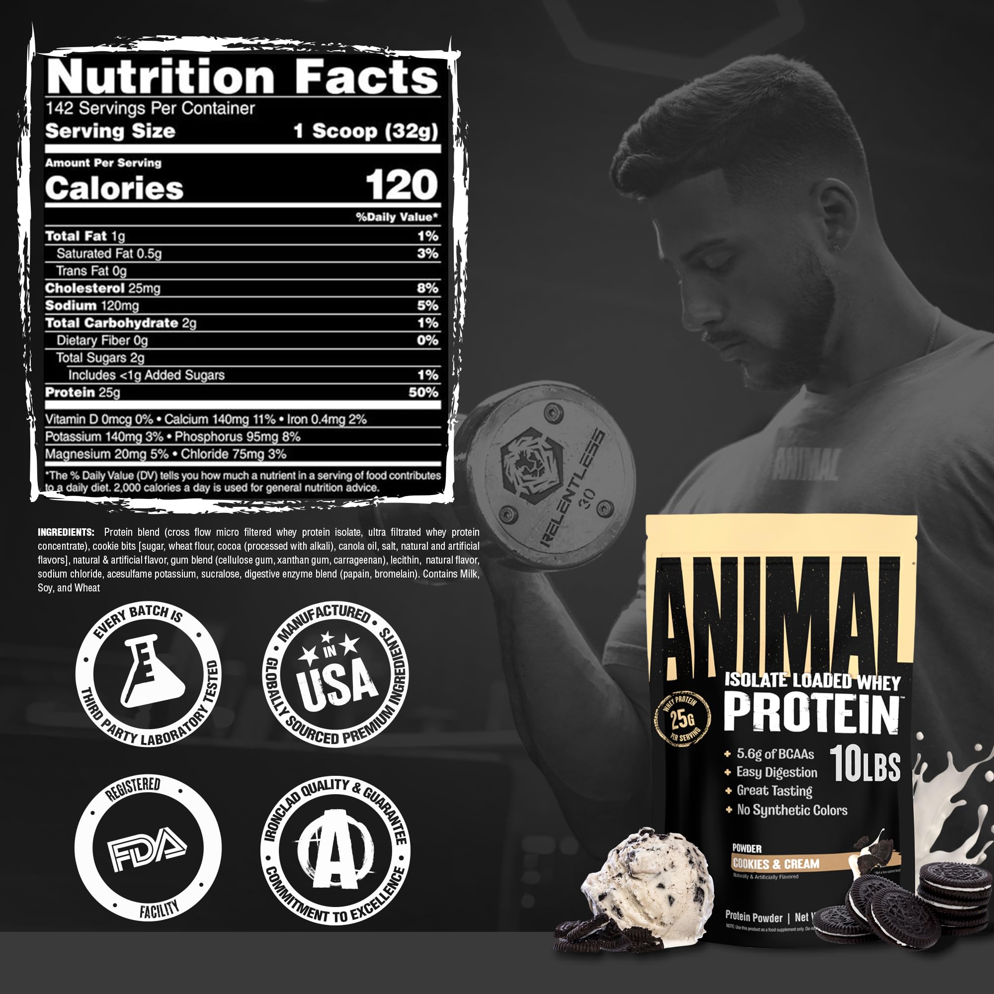 frasco Animal Whey Isolate 10 lb junto a pesa para comparar tamaño y duración