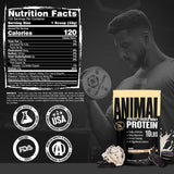 frasco Animal Whey Isolate 10 lb junto a pesa para comparar tamaño y duración