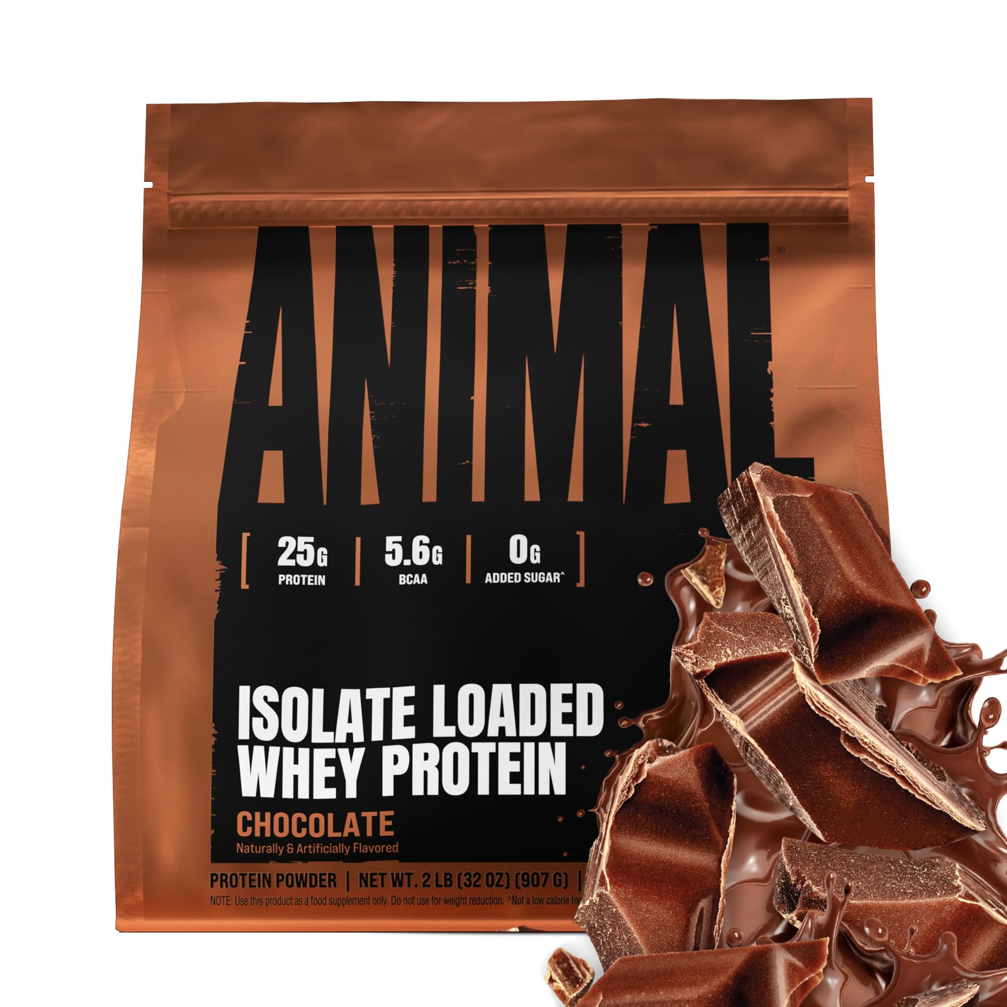 Animal Whey Isolate vista frontal del envase mostrando la marca y sabor chocolate como beneficio práctico