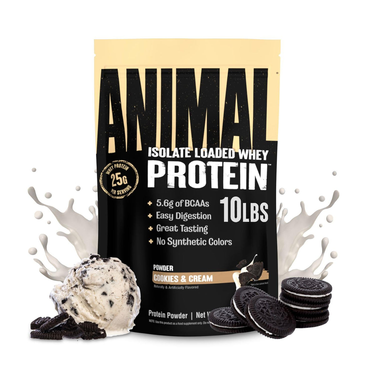 Animal Whey Isolate frente del envase que muestra sabor cookies & cream y contenido proteico